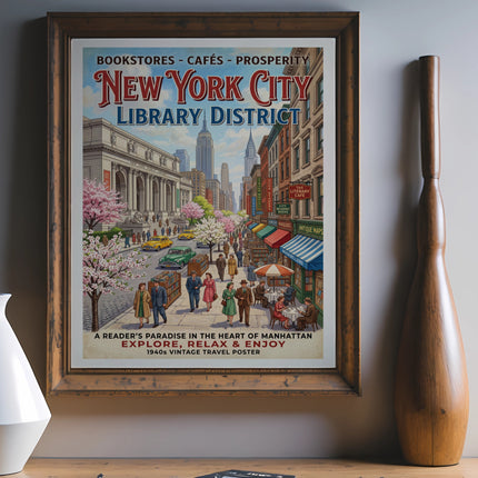 1940s vintage travel poster for New York City Library District.