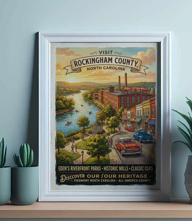 Vintage poster for Rockingham County, North Carolina, with Spray Cotton Mills and classic cars.