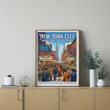 New York City poster advertising jazz clubs and swing street.