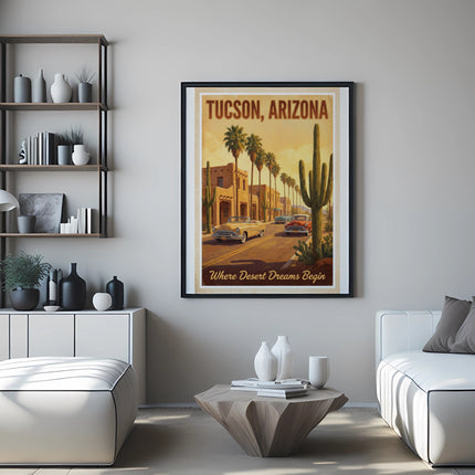 Tucson, Arizona vintage travel poster with southwestern buildings and classic cars.