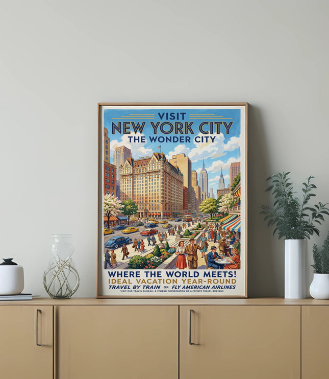 Vintage poster of New York City with "Visit New York City The Wonder City" text.