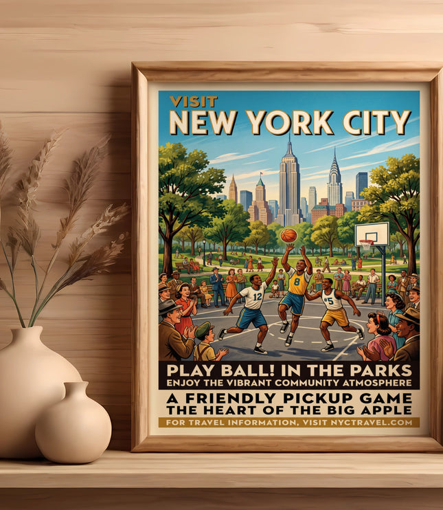 Vintage poster of New York City skyline with people playing basketball in a park.