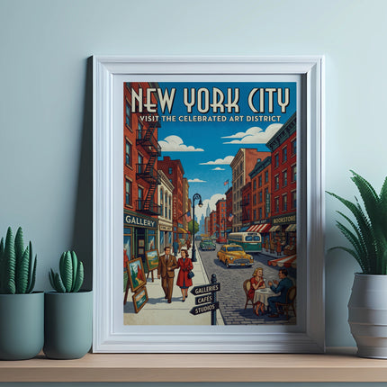 New York City art district poster with shops, taxis, and people.