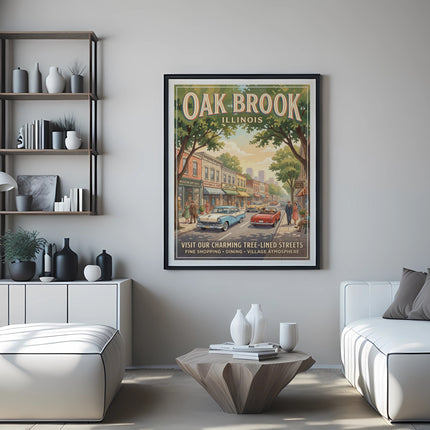 Oak Brook Illinois vintage travel poster depicting tree-lined streets and shops.