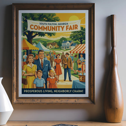 Vintage South Fulton, Georgia Community Fair poster with families and market stalls.