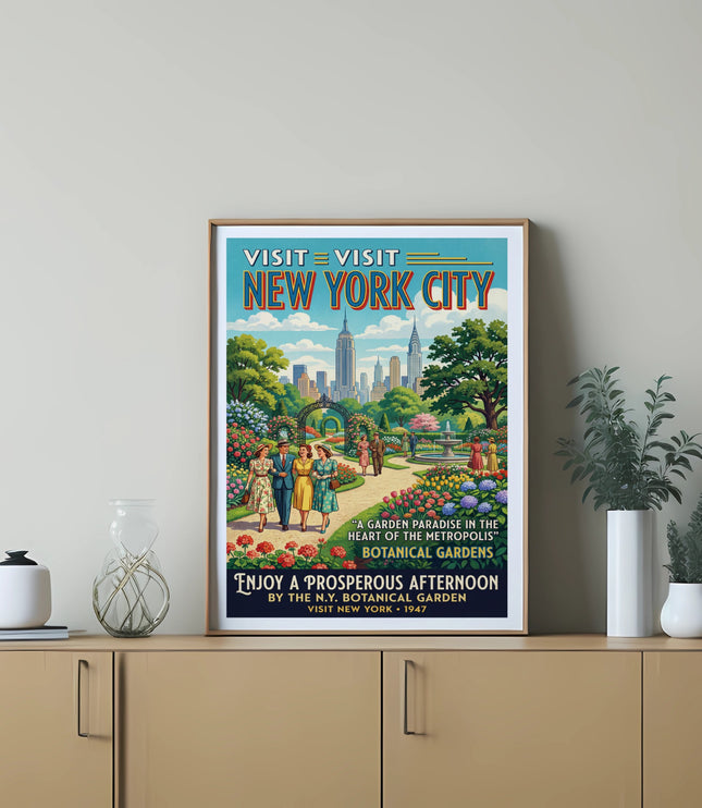 Vintage New York City Botanical Gardens poster with skyline and people.