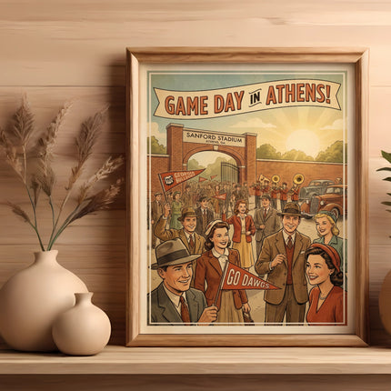 Illustration of Sanford Stadium game day crowd with "GO DAWGS" banner.