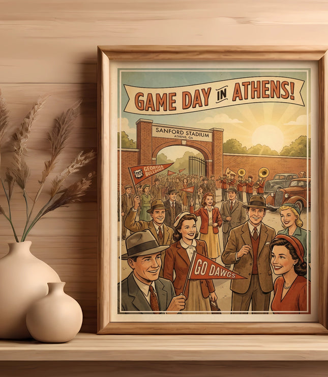 Illustration of Sanford Stadium game day crowd with "GO DAWGS" banner.