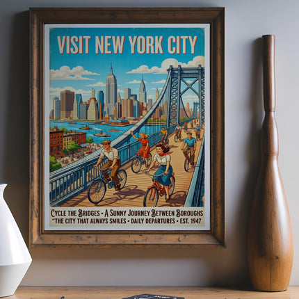 Vintage "Visit New York City" poster featuring Brooklyn Bridge and cyclists.