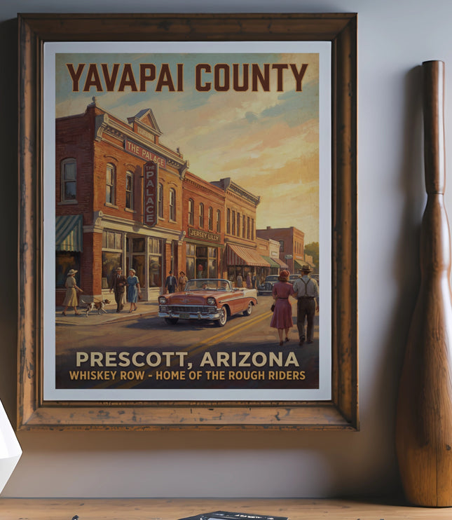 Vintage poster featuring Yavapai County, Prescott, Arizona, depicting Whiskey Row.