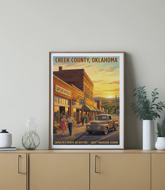 Creek County, Oklahoma poster featuring Sapulpa's Route 66 district at sunset.