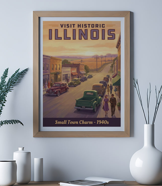 Vintage Illinois poster depicting a small town street scene with old cars and buildings.