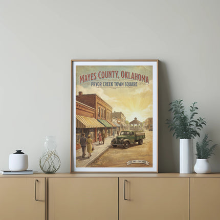 Vintaged poster of Mayes County, Oklahoma, Pryor Creek Town Square with a green truck and people.