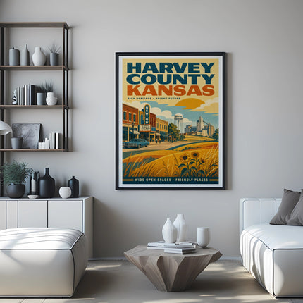 Harvey County Kansas poster with town scene and sunflower field.