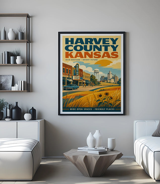 Harvey County Kansas poster with town scene and sunflower field.