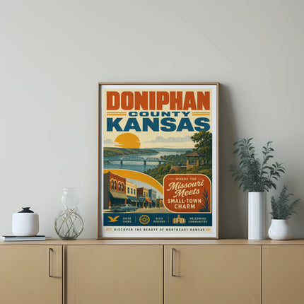 Doniphan County Kansas vintage poster with a river scene and "Small-Town Charm" text.