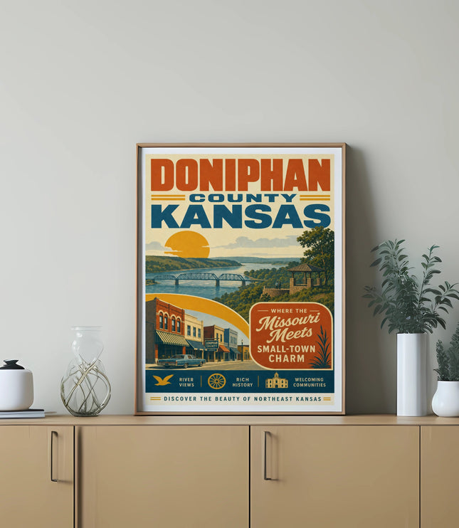 Doniphan County Kansas vintage poster with a river scene and "Small-Town Charm" text.