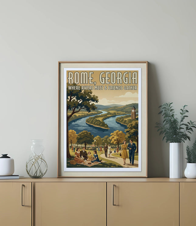 Poster for Rome, Georgia showing a river, park, and people with text "Rome, Georgia Where Rivers Meet & Friends Gather".