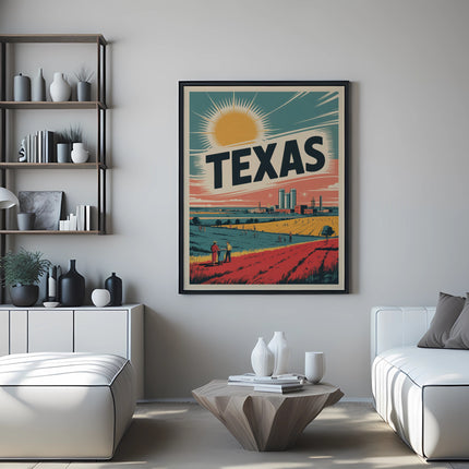 Vintage Texas travel poster with landscape and text.