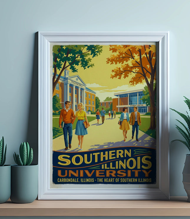 Framed poster of Southern Illinois University with students walking past campus buildings.