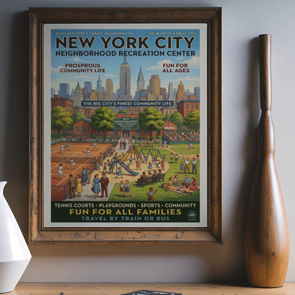 New York City Neighborhood Recreation Center poster with tennis, playground, and sports fields.