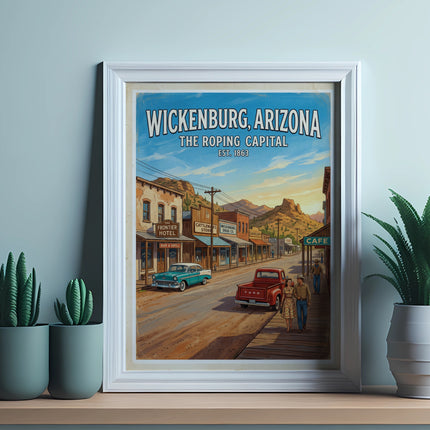 Wickenburg, Arizona vintage travel poster showing town street scene with cars and buildings.