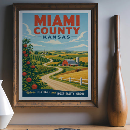 Vintage travel poster for Miami County, Kansas, depicting rolling hills, farms, and orchards.