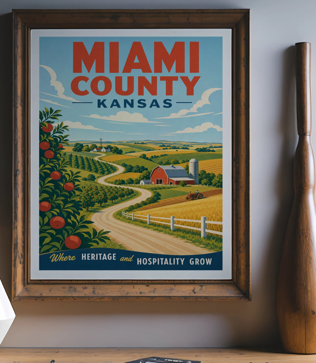 Vintage travel poster for Miami County, Kansas, depicting rolling hills, farms, and orchards.