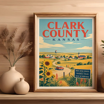 Vintage Clark County Kansas travel poster with sunflowers and scenic landscape.