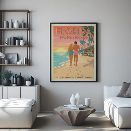 Florida Honeymoon poster with couple walking on beach at sunset.
