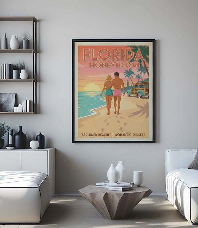 Florida Honeymoon poster with couple walking on beach at sunset.