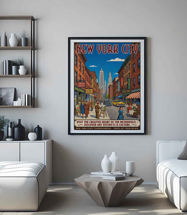 Vintage New York City travel poster of a street scene with the Empire State Building.