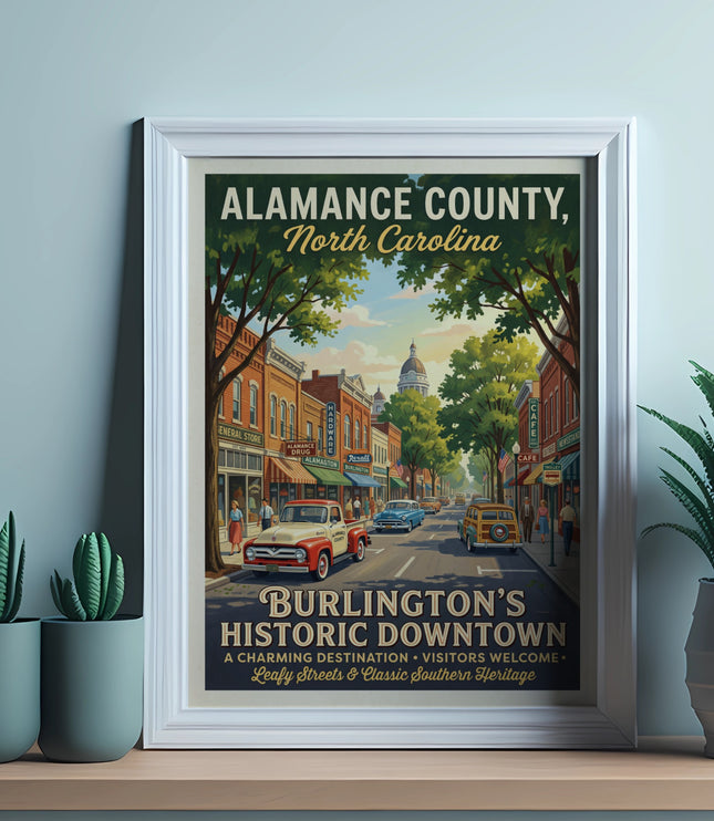 Alamance County, North Carolina Historic Downtown poster with vintage cars.