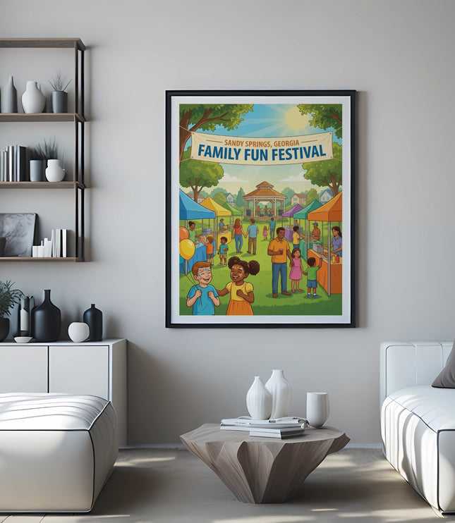 Poster for Sandy Springs, Georgia Family Fun Festival with families and booths.