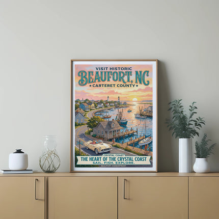 Vintage poster for Beaufort, NC, showing harborfront with boats, buildings, and a classic car.