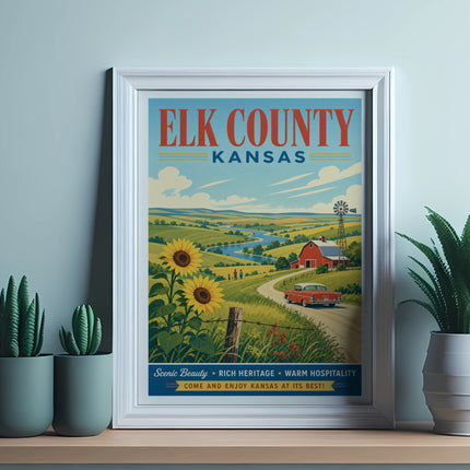Elk County Kansas vintage travel poster with sunflowers and farmhouse.