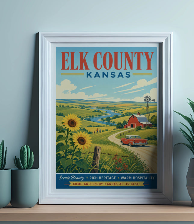 Elk County Kansas vintage travel poster with sunflowers and farmhouse.