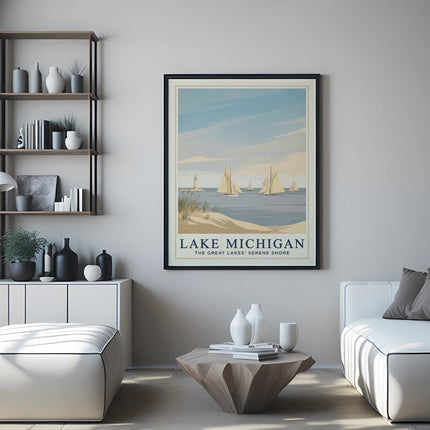 Lake Michigan poster displaying sailboats and serene shore, framed above a sofa.