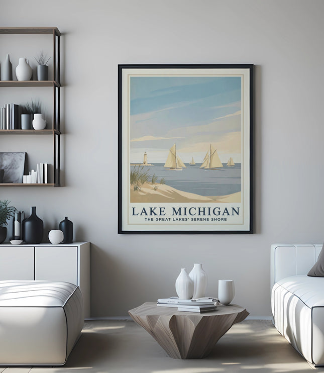 Lake Michigan poster displaying sailboats and serene shore, framed above a sofa.