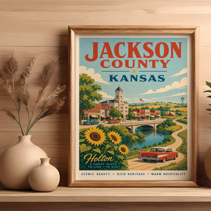 Jackson County Kansas vintage travel poster with Holton scene and text.