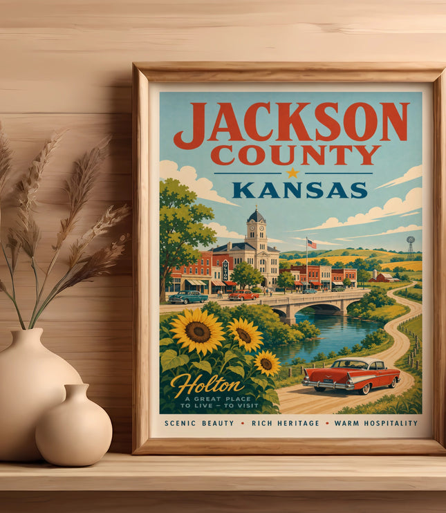 Jackson County Kansas vintage travel poster with Holton scene and text.
