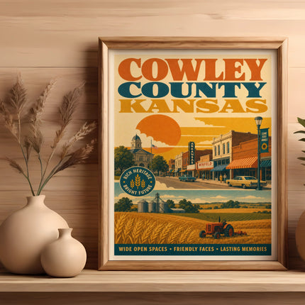 Cowley County Kansas vintage travel poster with town scene and agricultural elements.