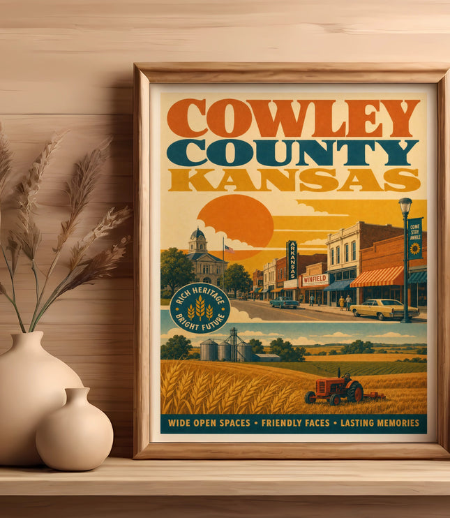 Cowley County Kansas vintage travel poster with town scene and agricultural elements.