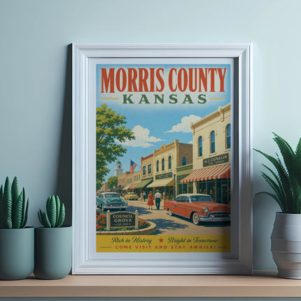 Vintage Morris County Kansas poster featuring Council Grove with shops and classic cars.
