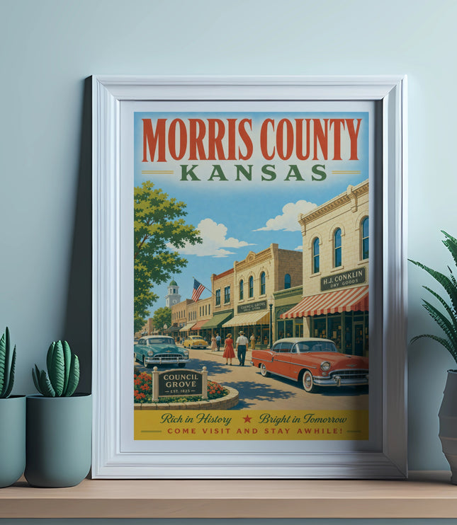 Vintage Morris County Kansas poster featuring Council Grove with shops and classic cars.