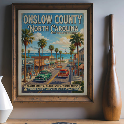 Onslow County, North Carolina vintage travel poster depicting coastal streets, beaches, and trucks.