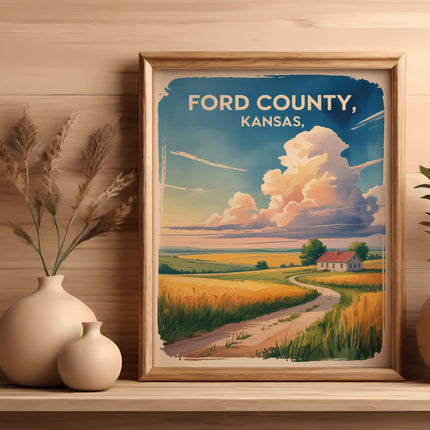 Framed artwork showing a rural landscape with "FORD COUNTY, KANSAS" text.