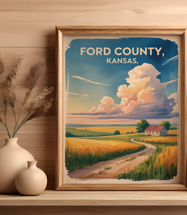 Framed artwork showing a rural landscape with "FORD COUNTY, KANSAS" text.