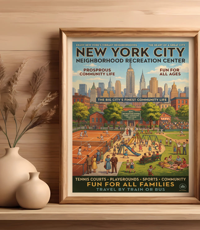 Vintage New York City Recreation Center poster featuring a skyline, tennis, playground, and people.