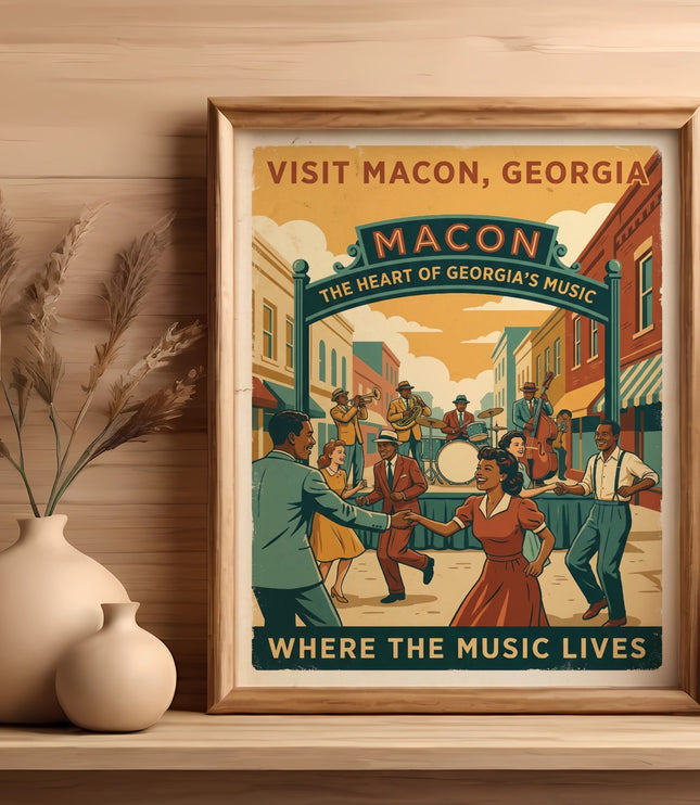 Vintage poster for Macon, Georgia, featuring dancing and live music with text.